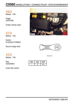 Page 227C0560AANSLUITING / CONNECTEUR / STECKVERBINDER
DEFENDER 1999 MY
Massa - Td5
Oogje
VERTIND
Onder rechter stoel
Masse - Td5
Oeillet
PLAQUE ETAMEE
Sous le si `ege droit
Masse - Td5
¨
Ose
VERZINNT
Unter Sitz rechts
P5777
C0560
Cav Col CCT
1 B ALL 