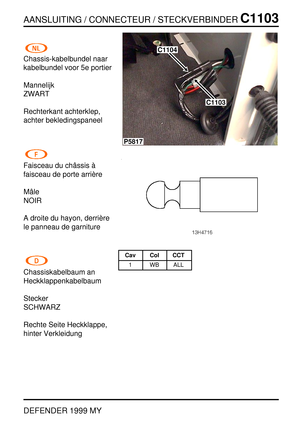 Page 268AANSLUITING / CONNECTEUR / STECKVERBINDERC1103
DEFENDER 1999 MY
Chassis-kabelbundel naar
kabelbundel voor 5e portier
Mannelijk
ZWART
Rechterkant achterklep,
achter bekledingspaneel
Faisceau du ch ˆassis `a
faisceau de porte arri `ere
Mˆale
NOIR
A droite du hayon, derri `ere
le panneau de garniture
Chassiskabelbaum an
Heckklappenkabelbaum
Stecker
SCHWARZ
Rechte Seite Heckklappe,
hinter Verkleidung
P5817
C1104
C1103
Cav Col CCT
1 WB ALL 