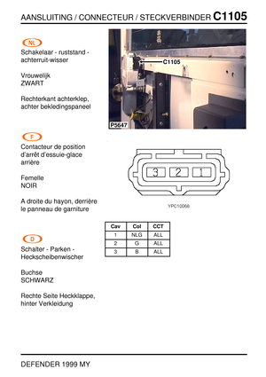 Page 270AANSLUITING / CONNECTEUR / STECKVERBINDERC1105
DEFENDER 1999 MY
Schakelaar - ruststand -
achterruit-wisser
Vrouwelijk
ZWART
Rechterkant achterklep,
achter bekledingspaneel
Contacteur de position
d’arr ˆet d’essuie-glace
arri `ere
Femelle
NOIR
A droite du hayon, derri `ere
le panneau de garniture
Schalter - Parken -
Heckscheibenwischer
Buchse
SCHWARZ
Rechte Seite Heckklappe,
hinter Verkleidung
C1105
P5647
Cav Col CCT
1 NLG ALL
2 G ALL
3 B ALL 