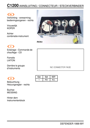 Page 277C1200AANSLUITING / CONNECTEUR / STECKVERBINDER
DEFENDER 1999 MY
Verlichting - verwarming;
bedieningsorganen - rechts
Vrouwelijk
KOPER
Achter
combinatie-instrument
Eclairage - Commande de
chauffage - CD
Femelle
LAITON
Derri `ere le groupe
d’instruments
Beleuchtung -
Heizungsregler - rechts
Buchse
MESSING
Hinter dem
Instrumentenblock
P5761
C1294C1061C1054C1052C1200
Cav Col CCT
1 RO ALL 