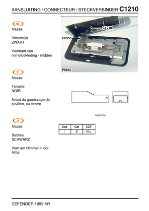 Page 278AANSLUITING / CONNECTEUR / STECKVERBINDERC1210
DEFENDER 1999 MY
Massa
Vrouwelijk
ZWART
Voorkant van
hemelbekleding - midden
Masse
Femelle
NOIR
Avant du garnissage de
pavillon, au centre
Masse
Buchse
SCHWARZ
Vorn am Himmel in der
Mitte
P5602
C0355
C1210
Cav Col CCT
1 B ALL 