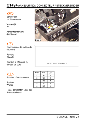 Page 295C1494AANSLUITING / CONNECTEUR / STECKVERBINDER
DEFENDER 1999 MY
Schakelaar -
ventilator-motor
Vrouwelijk
WIT
Achter rechterkant
dashboard
Commutateur de moteur de
soufflerie
Femelle
BLANC
Derri `ere le c ˆot ´e droit du
tableau de bord
Schalter - Gebl ¨asemotor
Buchse
WEISS
Hinter der rechten Seite des
Armaturenbretts
P5819
C1494
C0275
Cav Col CCT
2W1
3UK1
4RB1
5U1
6UB1 