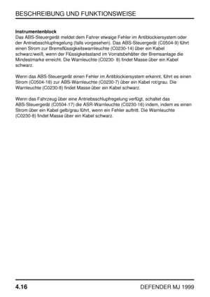 Page 39BESCHREIBUNG UND FUNKTIONSWEISE
4.16
DEFENDER MJ 1999
Instrumentenblock
Das ABS-Steuergerät meldet dem Fahrer etwaige Fehler im Antiblockiersystem oder
der Antriebsschlupfregelung (falls vorgesehen). Das ABS-Steuergerät (C0504-9) führt
einen Strom zur Bremsflüssigkeitswarnleuchte (C0230-14) über ein Kabel
schwarz/weiß, wenn der Flüssigkeitsstand im Vorratsbehälter der Bremsanlage die
Mindestmarke erreicht. Die Warnleuchte (C0230- 8) findet Masse über ein Kabel
schwarz.
Wenn das ABS-Steuergerät einen...