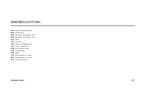 Page 68INNENBELEUCHTUNG
46.1
DEFENDER 1999 MYB112
Beleuchtung Zigarettenanzünder
B149
Uhrbeleuchtung
B155
Beleuchtung - Heizungsregler - rechts
B156
Beleuchtung - Heizungsregler - links
E107
Masse
J101
Tachometer
J103
Anzeige - Kühlmitteltemperatur
J104
Anzeige - Kraftstoffvorrat
K108
Sammelanschluß - Masse
K109
Sammelanschluß
P100
Batterie
P101
Sicherungskasten - Innenraum
P108
Sicherungskasten - Motorraum
S100
Schalter - Beleuchtung 