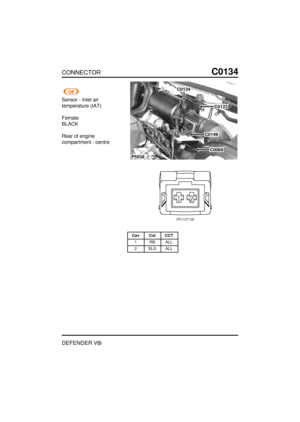 Page 116CONNECTORC0134
DEFENDER V8i
Sensor - Inlet air
temperature (IAT)
Female
BLACK
Rear of engine
compartment - centre
P5538
C0134
C0123
C0149
C0069
Cav Col CCT
1 RB ALL
2 SLG ALL 