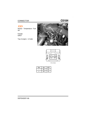 Page 134CONNECTORC0184
DEFENDER V8i
Sensor - Temperature - Fuel
rail
Female
GREY
Top of engine - LH side
Cav Col CCT
1 RB ALL
2 SW ALL 