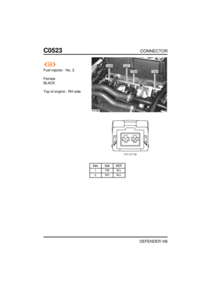 Page 195C0523CONNECTOR
DEFENDER V8i
Fuel injector - No. 2
Female
BLACK
Top of engine - RH side
Cav Col CCT
1 YW ALL
2 NO ALL 