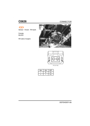 Page 217C0626CONNECTOR
DEFENDER V8i
Sensor - Knock - RH bank
Female
BLACK
RH side of engine
P5540
C0626
C0178
C0179
Cav Col CCT
1 W ALL
2 Y ALL 