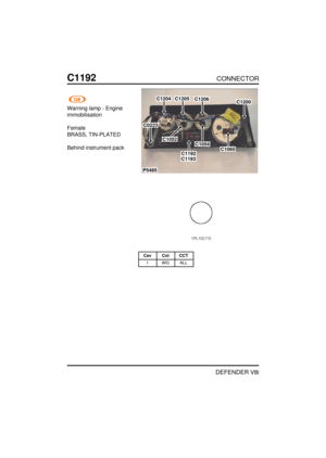 Page 267C1192CONNECTOR
DEFENDER V8i
Warning lamp - Engine
immobilisation
Female
BRASS, TIN-PLATED
Behind instrument pack
P5495
C1204C1205C1206C1200
C1060C1054
C1193
C0223
C1052
C1192
Cav Col CCT
1 WG ALL 