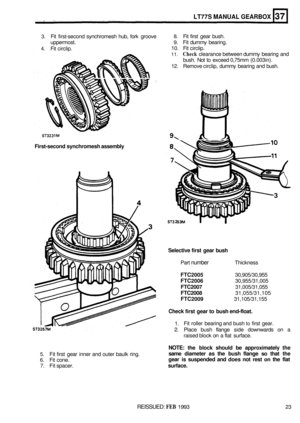 Page 189LT77S MANUAL  GEARBOX 
3. Fit first-second  synchromesh  hub, fork groove 8. Fit first  gear  bush. 
4. Fit circlip.  10. 
Fit circlip. 
uppermost. 
9. Fit 
dummy  bearing. 
11. Check clearance  between dummy bearing  and 
bush. 
Not to  exceed  0,75mm  (0.003in). 
12.  Remove  circlip, dummy  bearing and bush. 
First-second  synchromesh  assembly 
Selective first gear  bush 
Part number Thickness 
FTC2005 30,905/30,955 
FTC2006 30,955/31,005 
FTC2007 31,005/31,055 
FTC2008 31,055/31,105 
FTC2009...