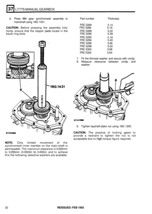 Page 198LT77S MANUAL GEARBOX 
6. Press fifth gear synchromesh  assembly to Part number  Thickness 
mainshaft  using 18G 1431. 
FRC 5284 
5,10 
CAUTION: Before  pressing  the assembly  fully  FRC 5286  5,16 
home,  ensure  that the slipper 
pads locate  in the  FRC 5288  5,22 
baulk  ring slots. 
FRC 5290  5,38 
FRC  5292 
5,34 
FRC 5294  5,40 
FRC  5296  5,46 
FRC 5298  5,52 
FRC  5300  5,58 
FRC  5302  5,64 
7.  Fit the  thinnest  washer and secure  with circlip. 
8.  Measure  clearance  between circlip and...