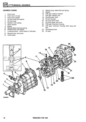 Page 206LT77S MANUAL GEARBOX 
GEARBOX CASING 14. Selector plug, detent  ball and  spring. 
15. Gasket. 
1.  Front  cover.  16. 
Fifth gear  selector  bracket. 
2. Front cover  oil seal.  17. 
Fifth gear  selector fork. 
3. Front  cover  gasket.  18.  Reverse 
gear shaft. 
4. Oil drain plug  and washer.  19.  Oil pick-up 
pipe. 
5. Oil  level  plug.  20. 
Oil pump drive  shaft. 
6. Gearbox  main casing.  21. 
Oil pump  gears  and cover. 
7. Spool retainer.  22. 
Fifth gear  extension housing. 
8.  Gasket.  23....