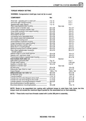 Page 216LT230T TRANSFER GEARBOX 
TORQUE WRENCH  SETTING 
WARNING:  Components  in bold  type  must  not be re-used 
. 
COMPONENT  Nm ft Ib 
Pinch bolt - operating  arm to crank arm ................................. 7 to 10 5 to 7 
End  cover  gear change  housing 
............................................ 7 to 10 5 to 7 
Speedometer  cable retainer 
7 to 10 5 to 7 
Rear  output/speedometer  housing 
......................................... 
16 to 21 
Front  output  housing 
to transfer  case...