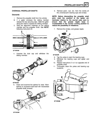 Page 246PROPELLER SHAFTS 
OVERHAUL PROPELLER  SHAFTS 6. Remove paint, rust, etc. from  the  vicinity of 
Dismantle 
the universal joint  bearing  cups and circlips. 
NOTE: Before  dismantling  the  propeller shaft 
1. Remove the propeller  shaft from  the  vehicle. joint,  mark the position of the  spider  pin 
2. If a gaiter  encloses  the sliding  member lubricator  relative  to the  journal  yoke ears to 
release  the two  securing  clips. Slide the gaiter ensure  that the  grease  nipple  boss is 
along the...