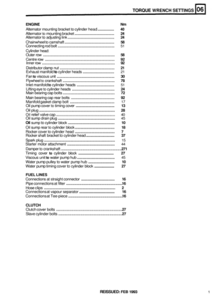 Page 28TORQUE WRENCH SETTINGS 
ENGINE Nm 
Alternator mounting bracket to cylinder head ...................... 40 
Alternator to mounting bracket ............................................. 24 
Chainwheel to camshaft ....................................................... 58 
Cylinder head: 
Centre  row 
........................................................................\
... 92 
Distributor  clamp nut ............................................................ 21 
Fan to viscous unit...