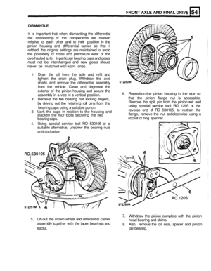 Page 276FRONT AXLE AND FINAL DRIVE 
DISMANTLE 
It is important  that  when  dismantling  the  differential 
the relationship  of the  components  are marked 
relative 
to each  other  and to their position  in  the 
pinion  housing  and differential  carrier 
so that if 
refitted, the original  settings  are  maintained to avoid 
the  possibility  of noise  and  premature  wear of the 
overhauled 
axle. In particular bearing caps  and gears 
must  not be interchanged  and new  gears  should 
never  be matched...