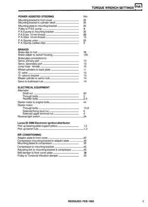 Page 32TORQUE WRENCH SETTINGS 
POWER ASSISTED  STEERING Nm 
Mounting  bracket to front  cover 
........................................... 25 
Mounting  plate 
to mounting bracket ..................................... 25 
Pulley  to P A S  pump 
........................................................... 9 
P.A.S  pump to mounting  bracket ......................................... 25 
P.A.S  box 
16 mm thread ...................................................... 20 
P.A.S  pump union...