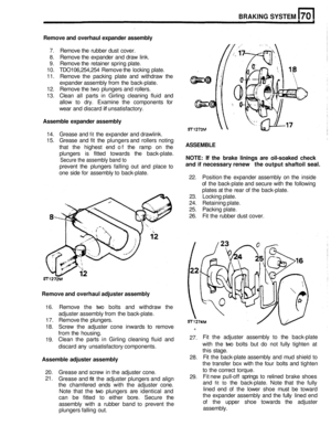 Page 336BRAKING SYSTEM 
Remove and overhaul  expander  assembly 
7. Remove the  rubber dust  cover. 
8. Remove the expander  and draw  link. 
9.  Remove  the  retainer  spring plate. 
10.  TDO106,254,254  Remove the  locking  plate. 
11.  Remove  the packing  plate and withdraw  the 
expander assembly from  the  back
-plate. 
12.  Remove  the two  plungers  and rollers. 
13.  Clean  all parts  in Girling  cleaning  fluid and 
allow 
to dry.  Examine  the components  for 
wear  and discard 
if unsatisfactory....