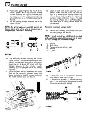 Page 343BRAKING SYSTEM 
8. Remove the guide  ring from  the mouth  of the 12. Clean  all  parts with Girling  cleaning  fluid or 
master  cylinder  which  supports  the primary  unused  brake fluid  and  place the  cleaned 
plunger  assembly  and place  to one  side,  this  parts on 
to a clean  sheet of paper.  Inspect the 
component  is  not part 
of the  master  cylinder  cylinder  bore  and  plungers  for signs  of 
service  kit and 
is to be  refitted  on assembly of  corrosion,  ridges  and  score marks....