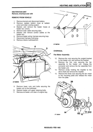 Page 372HEATER/FAN UNIT 
Remove,  Overhaul 
and refit 
REMOVE  FROM VEHICLE 
1. Remove  bonnet and  disconnect battery. 
2.  Remove  radiator  bottom  hose  at radiator 
union  and drain  cooling  system. 
3. Slacken  and remove  the  heater hoses at 
heater  box  unions. 
4.  Remove  outer cable  securing  clips. 
5. Slacken and remove  control  cables  at the 
heater  box. 
6. Remove  heater wiring  harness securing loop. 
7. Disconnect harness  multi-plug. 
8. Remove interior bulkhead trim. 
HEATING  AND...