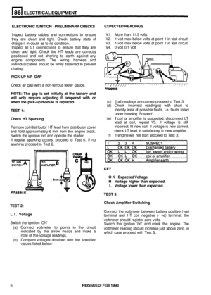 Page 401ELECTRICAL EQUIPMENT 
ELECTRONIC IGNITION - PRELIMINARY  CHECKS EXPECTED READINGS 
Inspect  battery cables and  connections  to ensure 
they  are clean  and tight.  Check  battery  state 
of 
charge if in doubt  as to its  condition. 
Inspect  all 
LT connections  to  ensure that they  are 
clean  and tight.  Check  the 
HT leads  are  correctly 
positioned  and  not shorting 
to earth  against  any 
engine  components.  The  wiring  harness  and 
individual  cables  should  be  firmly  fastened  to...