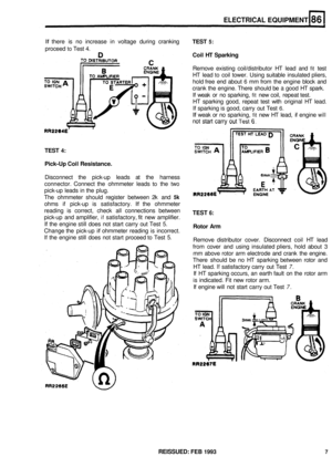 Page 402ELECTRICAL EQUIPMENT 
If there is no  increase  in voltage  during cranking 
proceed 
to Test  4.  TEST 
5: 
Coil HT 
Sparking 
Remove  existing coil/distributor  HT lead  and 
fit test 
HT  lead 
to coil  tower.  Using suitable  insulated  pliers, 
hold  free end about 
6 mm  from  the engine  block and 
crank  the engine.  There should  be 
a good HT spark. 
If  weak  or no  sparking, 
fit new  coil,  repeat  test. 
HT  sparking  good, repeat  test with  original  HT lead. 
If  sparking  is good,...