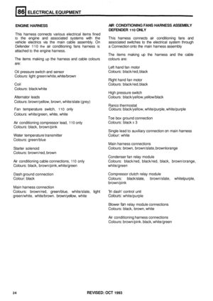 Page 419ELECTRICAL EQUIPMENT 
ENGINE HARNESS 
This harness  connects  various electrical  items fined 
to the engine  and associated  systems with the  This harness  connects  air conditioning  fans and 
vehicle  electrics  via the  main  cable  assembly. 
On associated  switches to the  electrical  system through 
Defender  110 
the air conditioning  fans harness is a Connection  onto the main  harness  assembly 
attached 
to the  engine  harness. 
The items  making  up the  harness  and the cable 
The  items...