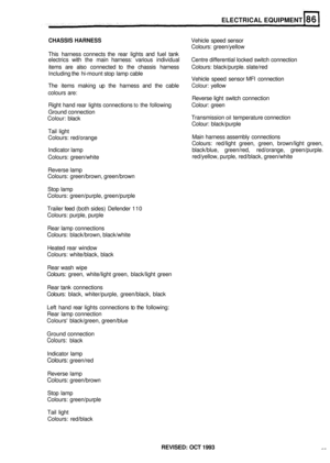Page 420ELECTRICAL EQUIPMENT 
CHASSIS  HARNESS Vehicle speed sensor 
Colours:  green/yellow 
This  harness  connects  the rear  lights  and fuel tank 
electrics  with the main  harness:  various individual  Centre differential  locked switch connection 
items  are also  connected  to the  chassis  harness  Colours: black/purple. slate/red 
Including  the hi-mount  stop lamp  cable 
Vehicle speed sensor  MFI connection 
The  items  making  up the  harness  and the cable 
Colour: yellow 
colours  are: 
Reverse...