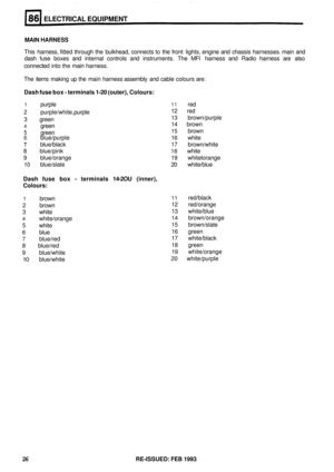 Page 421ELECTRICAL EQUIPMENT 
MAIN HARNESS 
This harness,  fitted through  the bulkhead,  connects to the front  lights,  engine  and chassis  harnesses.  main and 
dash  fuse boxes  and internal  controls  and instruments.  The MFI  harness  and Radio  harness  are also 
connected  into the main  harness. 
The  items  making  up the  main  harness  assembly  and cable  colours  are: 
Dash fuse box - terminals  1-20 (outer),  Colours: 
1 purple 11 red 
2 purple/white,  purple  12 
red 
3  green 13 brown/purple...