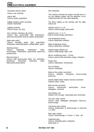 Page 423ELECTRICAL EQUIPMENT 
Illumination dimmer switch MFI HARNESS 
Colours:  red, red/white 
This harness  connects  the engine  mounted  items of 
Interior  light the fuel injection  system with the electronic control 
Colours.  purple, purple/blue  module 
and with  the main  cable  assembly. 
Voltage  sensitive  switch connector  The items  making 
up the harness  and the cable 
Colours:  black/slate  colours are 
Lighting  connector  Injectors (cyls 
2, 4, 6, 8) 
Colours:  brown, red, blue  Colours:...
