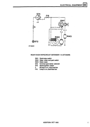 Page 460ELECTRICAL EQUIPMENT 
REAR WASH/WIPE CIRCUIT DEFENDER 110 (ST3382M) 
RW1  Wash/wipe  switch 
RW2  Wiper motor and park  switch 
RW3  Wash motor 
ST2 Terminal  post starter  solenoid 
ST5 Starter/ignition  switch 
A 
F16 
60 amp fuse,  main fuse box 
5 amp  fuse,  dash fuse box 
ADDITION: OCT 1993 65  