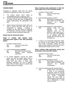 Page 76ENGINE 
ENGINE NOISES 
Excessive or obtrusive  noise from the engine 
compartment  originates from three  main sources: 
A. The  exhaust  system, which makes  an  YES - Continue. 
unmistakable  and easy 
to diagnose  noise. 
B.  External  components  emit the greatest  variety 
2. Is the lubricating  pressure correct? 
of noises, but are  also  easy  to diagnose  by 
simply  disconnecting  the appropriate  drive  YES 
- Drain engine  oil and  filter,  and 
belt.  examine for metallic 
Engine  internal...