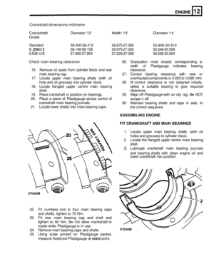 Page 99ST828M 
ENGINE 
Crankshaft dimensions-millimetre 
Cranks 
haft Diameter 12 Width 13 Diameter 1 4 
Grade 
Standard  58.400
-58.412 
26.975-27.026  50.800-50.812 
0.254 U/S 58.146-58.158 
26.975-27.026  50.546-50.558 
0.508  U/S  57.892
-57.904 
27.229-27.280 50.292-50.304 
Check  main bearing  clearance  26. Graduation  most closely  corresponding 
to 
width of Plastigauge  indicates bearing 
16.  Remove  oil seals  from cylinder  block and rear  clearance. 
main  bearing  cap.  27. Correct  bearing...