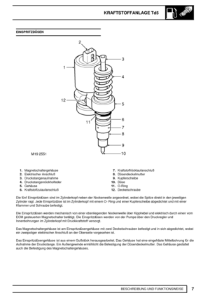 Page 212KRAFTSTOFFANLAGE Td5
7
BESCHREIBUNG UND FUNKTIONSWEISE EINSPRITZDÜSEN
1.Magnetschaltergehäuse
2.Elektrischer Anschluß
3.Druckstangenaufnahme
4.Druckstangenrückholfeder
5.Gehäuse
6.Kraftstoffzulaufanschluß7.Kraftstoffrücklaufanschluß
8.Düsendeckelmutter
9.Kupferscheibe
10.Düse
11.O-Ring
12.Deckelschraube
Die fünf Einspritzdüsen sind im Zylinderkopf neben der Nockenwelle angeordnet, wobei die Spitze direkt in den jeweiligen
Zylinder ragt. Jede Einspritzdüse ist im Zylinderkopf mit einem O- Ring und einer...