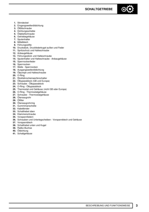 Page 292SCHALTGETRIEBE
3
BESCHREIBUNG UND FUNKTIONSWEISE 1.Stirndeckel
2.Eingangswellenöldichtung
3.Ölfüllschraube
4.Dichtungsscheibe
5.Ölablaßschraube
6.Getriebegehäuse
7.Spulenhalter
8.Mittelblech
9.Führungsstifte
10.Druckstück, Druckfederkugel außen und Feder
11.Spritzschutz und Halteschraube
12.Anbaugehäuse
13.Führungsstück und Halteschraube
14.Spulenhalter und Halteschraube - Anbaugehäuse
15.Sperrnockenfeder
16.Sperrnocken
17.Welle - Sperrnocken
18.Ausgangswellenöldichtung
19.Ölpumpe und Halteschraube...