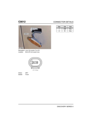 Page 205C0012CONNECTOR DETAILS
DISCOVERY SERIES II
C001 2
Description:Lamp-Side repeater-Front-RH
Location:Behind RH side repeater lamp
Colour:GREY
Gender:Female
C0012
P7083
CavColCct
1GWALL
2BALL 