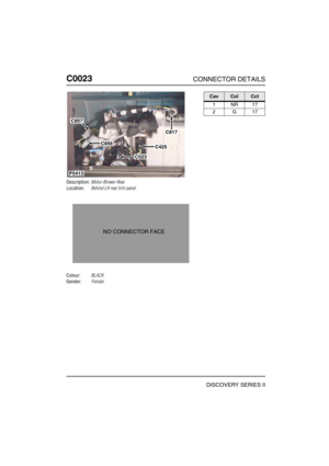 Page 213C0023CONNECTOR DETAILS
DISCOVERY SERIES II
C002 3
Description:Motor-Blower-Rear
Location:Behind LH rear trim panel
Colour:BLACK
Gender:Female
P5413
C856
C817
C425
C023
C857
NO CONNECTOR FACE
CavColCct
1NR17
2G17 