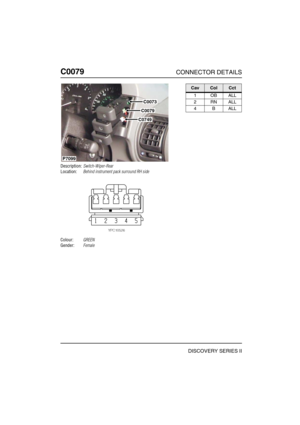 Page 249C0079CONNECTOR DETAILS
DISCOVERY SERIES II
C007 9
Description:Switch-Wiper-Rear
Location:Behind instrument pack surround RH side
Colour:GREEN
Gender:Female
C0073
C0079
C0749
P7099
CavColCct
1OBALL
2RNALL
4BALL 