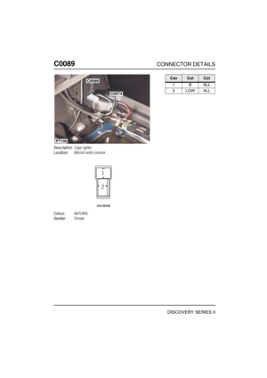 Page 253C0089CONNECTOR DETAILS
DISCOVERY SERIES II
C008 9
Description:Cigar lighter
Location:Behind centre console
Colour:NATURAL
Gender:Female
C0089
C0074
P7100
CavColCct
1BALL
2LGWALL 