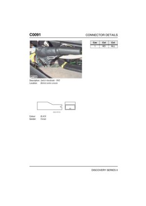 Page 255C0091CONNECTOR DETAILS
DISCOVERY SERIES II
C009 1
Description:Switch-Handbrake - RHD
Location:Behind centre console
Colour:BLACK
Gender:Female
C0091
P7104
CavColCct
1KOALL 