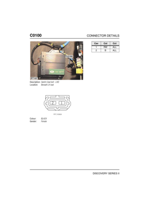 Page 261C0100CONNECTOR DETAILS
DISCOVERY SERIES II
C010 0
Description:Switch-Seat belt - LHD
Location:Beneath LH seat
Colour:BLACK
Gender:Female
C0100
P7107
CavColCct
1RWALL
2BALL 