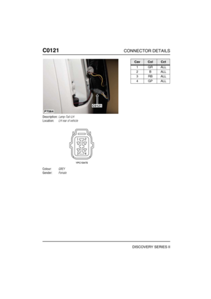 Page 267C0121CONNECTOR DETAILS
DISCOVERY SERIES II
C012 1
Description:Lamp-Tail-LH
Location:LH rear of vehicle
Colour:GREY
Gender:Female
C0121
P7064
CavColCct
1GRALL
2BALL
3RBALL
4GPALL 