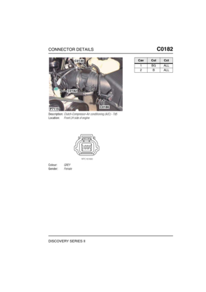 Page 294CONNECTOR DETAILSC0182
DISCOVERY SERIES II
C0 182
Description:Clutch-Compressor-Air conditioning (A/C) - Td5
Location:Front LH side of engine
Colour:GREY
Gender:Female
C0149
C0182
C0186P7115
CavColCct
1BGALL
2BALL 