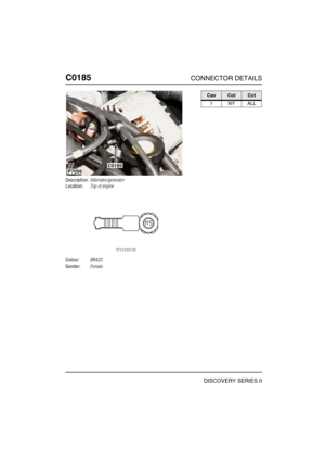 Page 297C0185CONNECTOR DETAILS
DISCOVERY SERIES II
C018 5
Description:Alternator/generator
Location:Top of engine
Colour:BRASS
Gender:Female
C0185
P7056
CavColCct
1NYALL 