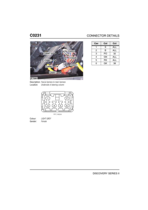 Page 317C0231CONNECTOR DETAILS
DISCOVERY SERIES II
C023 1
Description:Fascia harness to main harness
Location:Underside of steering column
Colour:LIGHT GREY
Gender:Female
C0047
C0067
C0257
C0083
C0223
C0229
C0231
P7093
CavColCct
1SALL
2BALL
3PO32
4GNALL
5RSALL
6GK38 