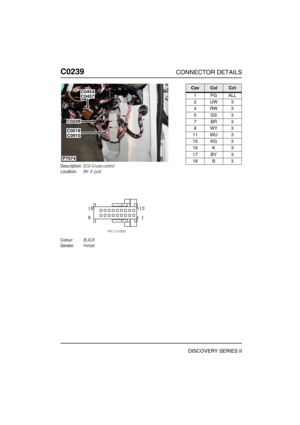 Page 323C0239CONNECTOR DETAILS
DISCOVERY SERIES II
C023 9
Description:ECU-Cruise control
Location:RH A post
Colour:BLACK
Gender:Female
P7074
C0457
C0239
C0018C0910
C0454CavColCct
1PGALL
2UW3
4RW3
5GS3
7BR3
8WY3
11 WU 3
15 KG 3
16 K 3
17 BY 3
18 B 3 