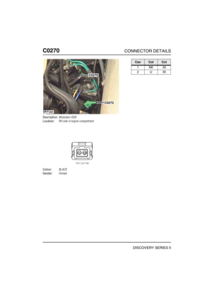 Page 341C0270CONNECTOR DETAILS
DISCOVERY SERIES II
C027 0
Description:Modulator-EGR
Location:RH side of engine compartment
Colour:BLACK
Gender:Female
C0270
C0272
P7141
CavColCct
1NK35
2U35 