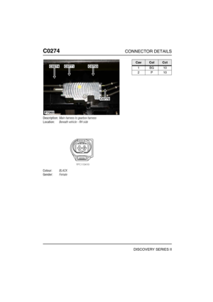 Page 343C0274CONNECTOR DETAILS
DISCOVERY SERIES II
C027 4
Description:Main harness to gearbox harness
Location:Beneath vehicle - RH side
Colour:BLACK
Gender:Female
P7060
C0274C0771C0753
C0770
CavColCct
1BG10
2P10 