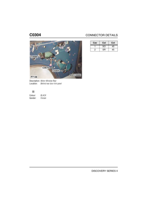 Page 367C0304CONNECTOR DETAILS
DISCOVERY SERIES II
C030 4
Description:Motor-Window-Rear
Location:Behind rear door trim panel
Colour:BLACK
Gender:Female
C0689
C0679
C0304
C0688P7148
CavColCct
1SO45
2SR45 