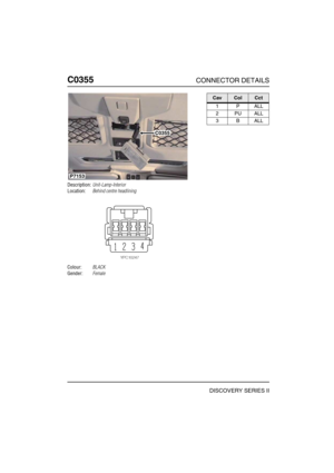 Page 377C0355CONNECTOR DETAILS
DISCOVERY SERIES II
C035 5
Description:Unit-Lamp-Interior
Location:Behind centre headlining
Colour:BLACK
Gender:Female
C0355
P7153
CavColCct
1PALL
2PUALL
3BALL 